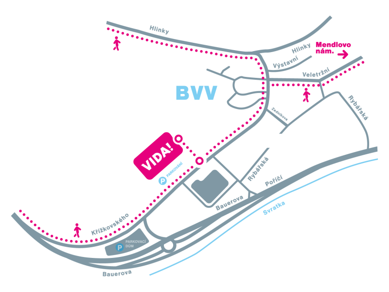 Mapa dostupnosti našeho science centra – pěšky
