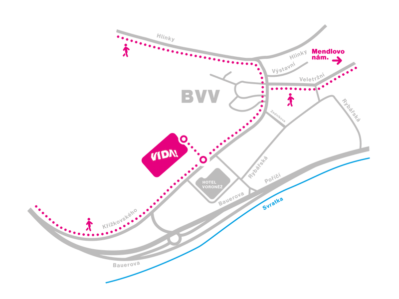 Mapa dostupnosti našeho science centra – pěšky